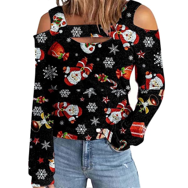 Dame Top Kold Skulder Juleprintet Hul Løs Langærmet Pullover til Dame-lingling}
