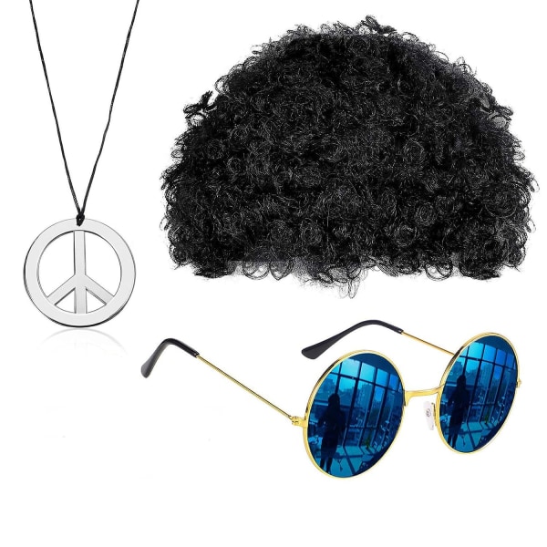 Hippie kostym mode peruk, solglasögon, fredstecken halsband