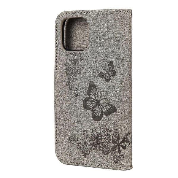 Præget Blomst Sommerfugl Læder Wallet Case Kompatibel med iPhone 12 Pro 12 --lingling} Multicolor Grey