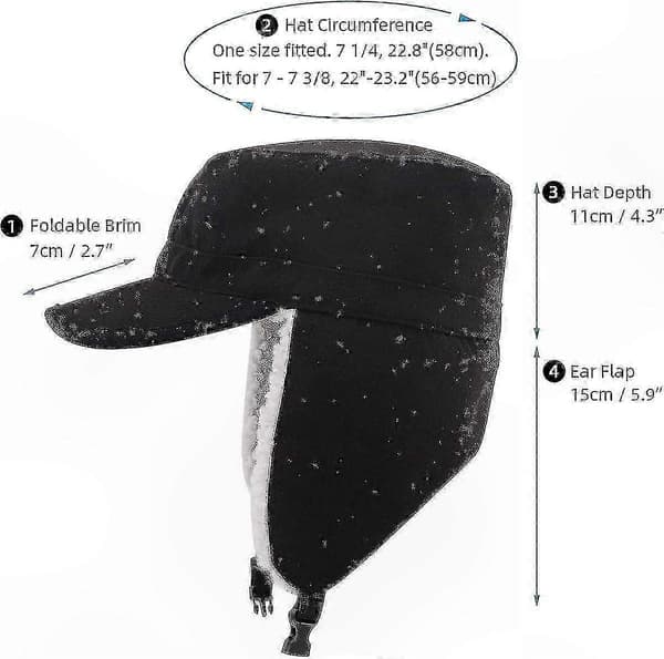 Vintervarm ullcaps med visir og øreklaffer for menn og kvinner (A) Flat Top - Black 7