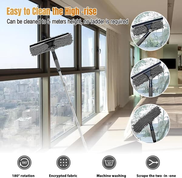 Window Cleaning Kit 2-in-1 Telescopic with Long Handle, Microfiber Cloth, 4.5 m, Grey (1 kit) Grå