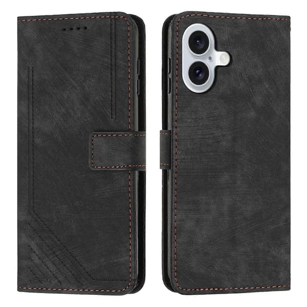 Compatible with iPhone 17 Stand Case Embossed Lines Leather Phone Cover Black Black Black