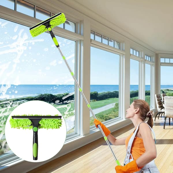 Window Cleaning Kit 2-in-1 Telescopic with Long Handle, Microfiber Cloth, 4.5 m, Green (1 set) Grön