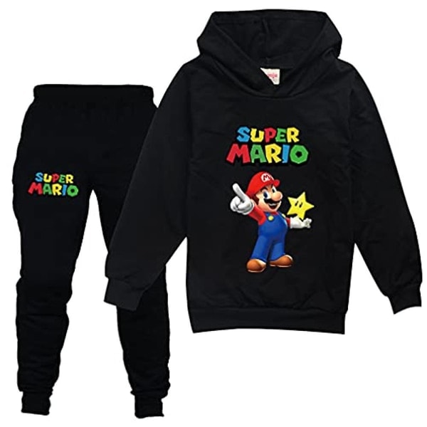 Barn Pojkar Flickor Super Mario Tryck Träningsdräkt Hoodie Sweatshirt Tröja Toppar Joggingbyxor Kläder Svart 7-8 År Hög Kvalitet