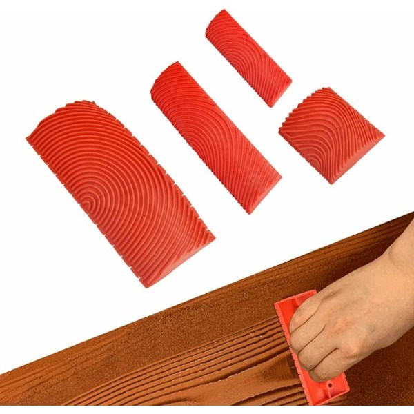 4-pack träkorn gummimålning verktyg, imiterat trä kam, imiterat trä rulle för möbler väggdekoration (röd)