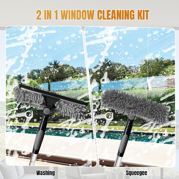 Window Cleaning Kit 2-in-1 Telescopic with Long Handle, Microfiber Cloth, 4.5 m, Grey (1 kit) Grå