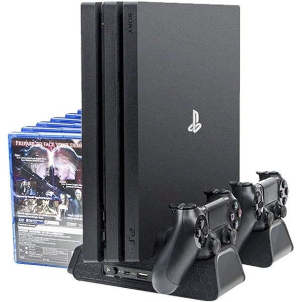 Vertikal Dual Controller Laddningsdocka för PS4/ PS4 Slim/ PS4 Pro med 2 höghastighetsfläktar och plats för 12 spel