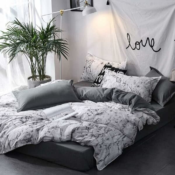 Bedding in White and Anthracite Grey Marble - Double Bed - Printed Patterns on Both Sides - with Zipper (135 x 200 cm)