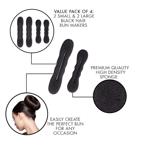 Laadukas uuden tyylin Styla Hair Black Magic hiusdonitsin tekosetti 4 kpl (2 pientä, 2 suurta)