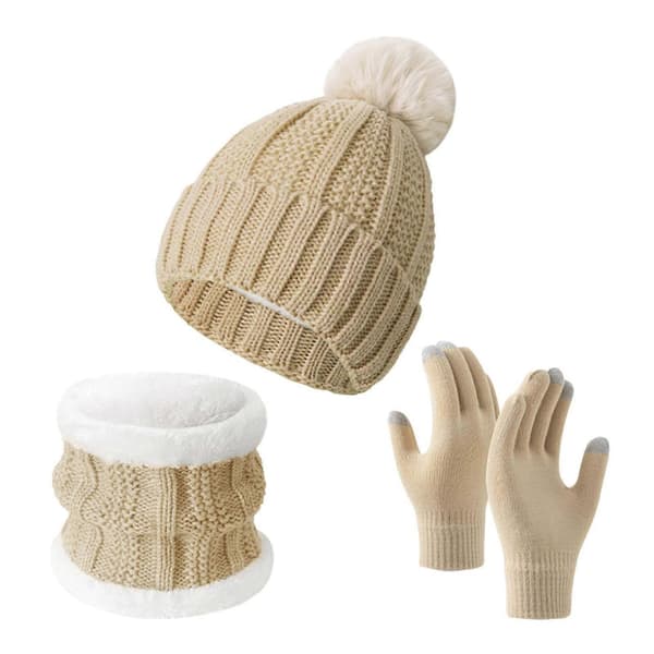 3 delar/set Vinterstickad halsdukshandskar Set Pom Pom Boll Fleecefoder Mössa utan brätte Pekskärmshandskar Beige C