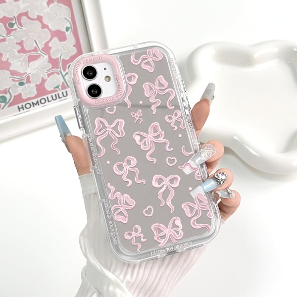 Säsongskampanj! Högkvalitativt Kompatibelt med iPhone 11 Skal Sött Spegel Rosett Kärlekshjärta Mönster - Rosa Rosett