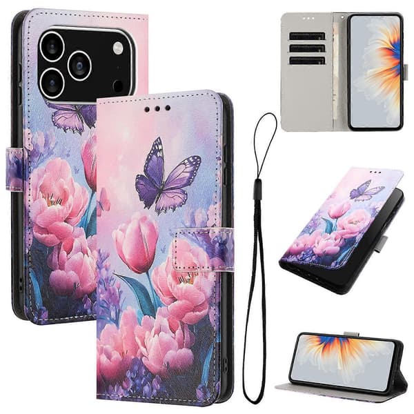 Kompatibel med iPhone 17 Pro Plånboksfodral Mönstertryck PU Läder Telefonskal med Snodd-lingling} Multicolor B