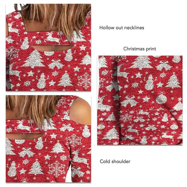 Dame Top Kold Skulder Juleprintet Hul Løs Langærmet Pullover til Dame-lingling}