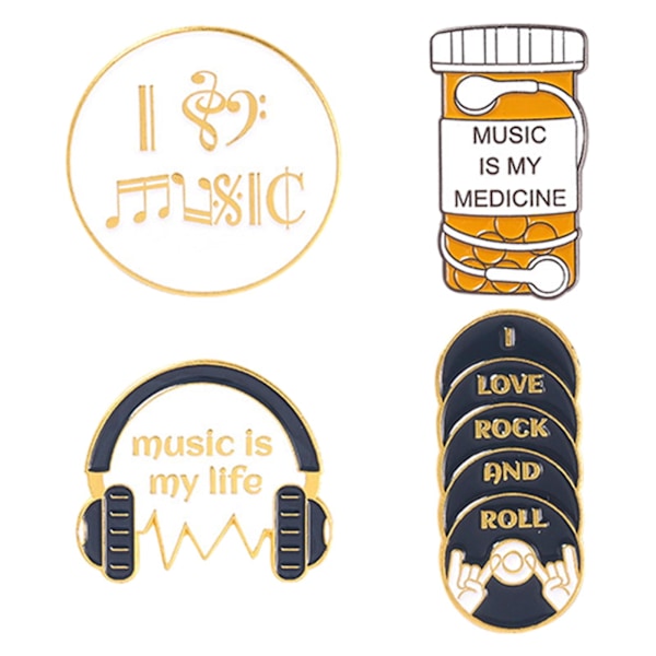 4 st Cartoon Cute Enamel Pin, Earphone Note CD Rock N Roll Smycken Gåvor Lapel Pin Badge Broscher för Jackor Hatt Väskor Kläder Musikälskare