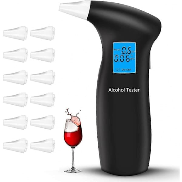 Alkometer, Præcist Alkometer, Professionelt Politi-Alkometer, Udstyret med 12 Testspidser og et LCD-display.