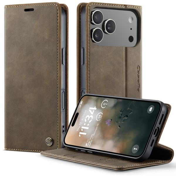 Folio Mobilskal Kompatibelt med iPhone 17 Pro – Vintage Läderdesign med Stödfunktion & Kameraskydd brun iPhone17 Pro