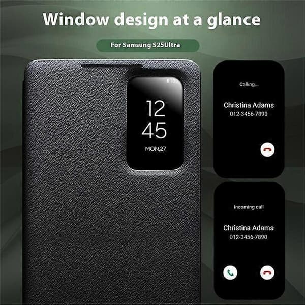 Real leather flip case compatible with Samsung Galaxy S25 Ultra, with display window, black.