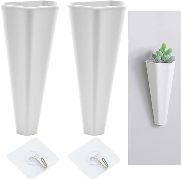 Two White Wall-Mounted Plastic Flower Pots Without Holes