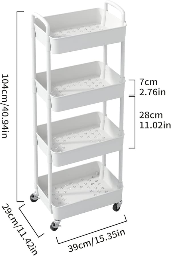 Plastvogn - Oppbevaringsvogn - 4 etasjer - Hvit