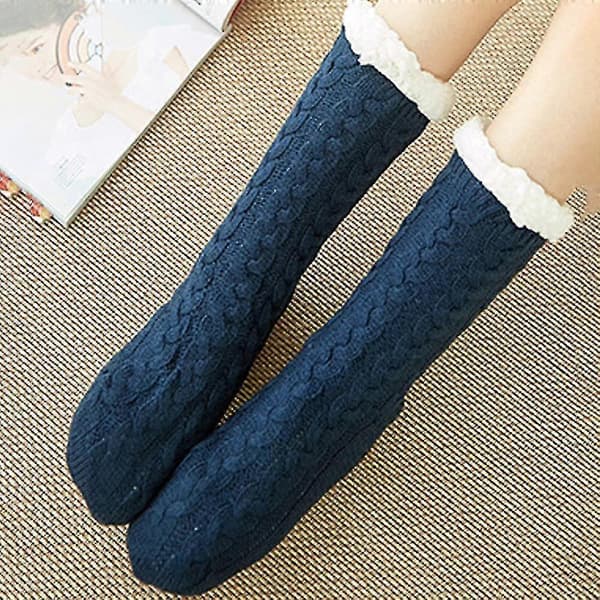 Fleecefodrade kabelstickade sängsockor för kvinnor, varma vintersockor -NMAOV-lingling} Dark Blue