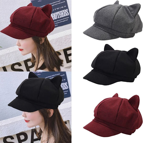 Kattöron Hatt Dam Höst och Vinter Varmare Retro Åttakantig Mössa Kort Skärm Ankunge Tunga Version