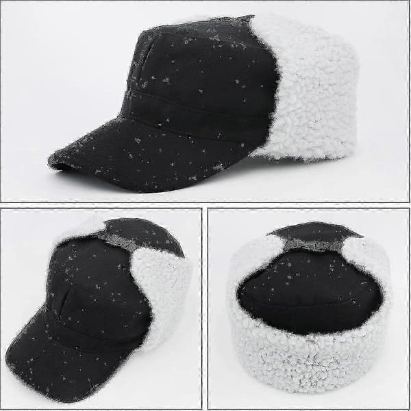 Vintervarm ullcaps med visir og øreklaffer for menn og kvinner (A) Flat Top - Black 7