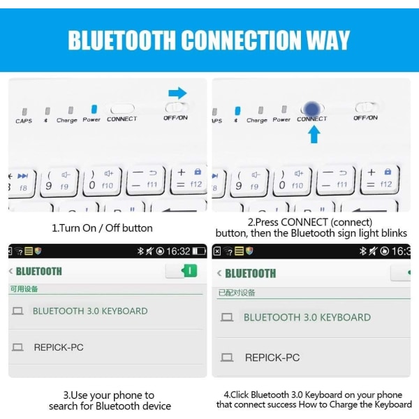 Bärbar Bluetooth-tangentbord med läderfodral med för 4,5''-6,8'' iOS, Android och Windows smartphones, avtagbar med stativ