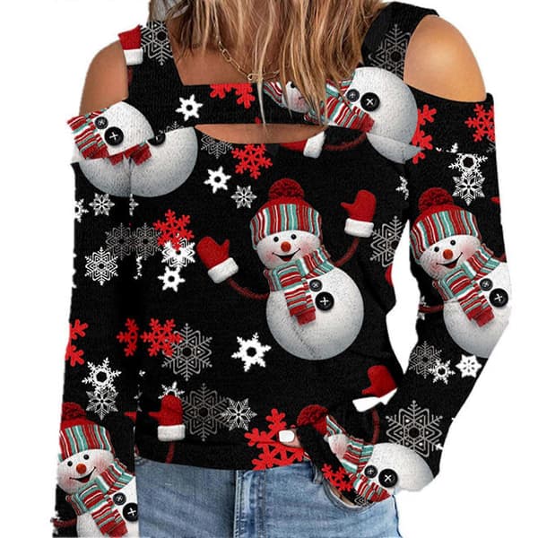 Dame Top Kold Skulder Juleprintet Hul Løs Langærmet Pullover til Dame-lingling}