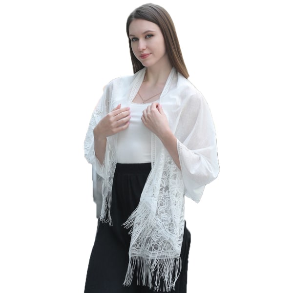 Stole för aftonklänning stal kvinnors festliga spets halsduk med fransar White