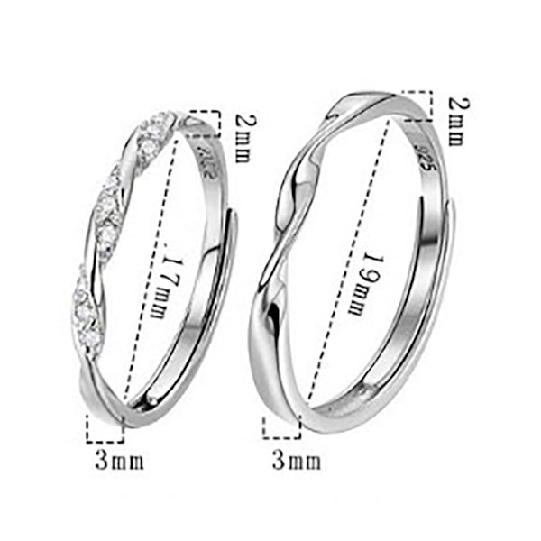 Partner ring par ring, tvinnad kubisk zirkonia, tillverkad av S925 (2-delad, vigselring partner ring), justerbar ring