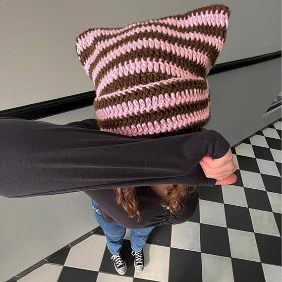Damkatt Mössa Stickade Mössor med Öron Stickade Vinter Varma Elastiska Slouchy Mössor för Flickor Vuxna Barn Pink