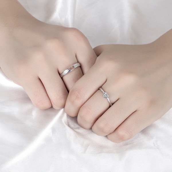 Partner ring hjärtring silver 925 för kvinnor män (1-delad, zirkonia kärleks hjärta justerbara ringar set), elegant förlovningsring vigselringar par