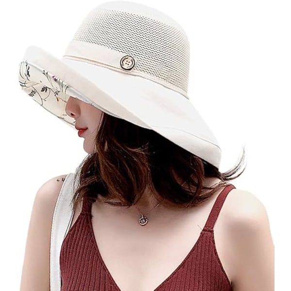 Högkvalitativ ny stil Dam Mesh Solhattar Sommar Strand UV-skydd UPF Packbar Bred Brätte Hakband beige