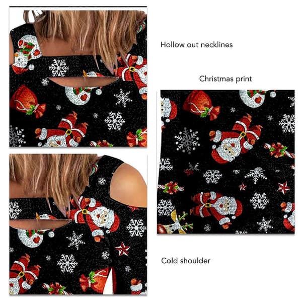 Dame Top Kold Skulder Juleprintet Hul Løs Langærmet Pullover til Dame-lingling}