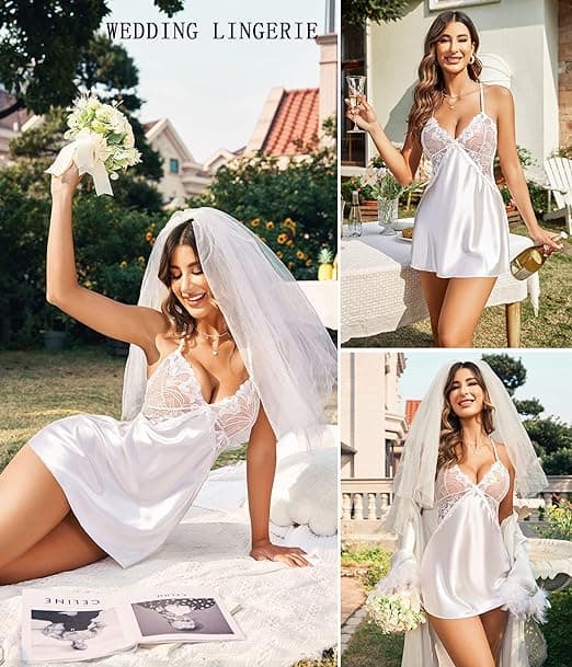 Spetsig V-ringad satinpyjamas för kvinnor, vit White S