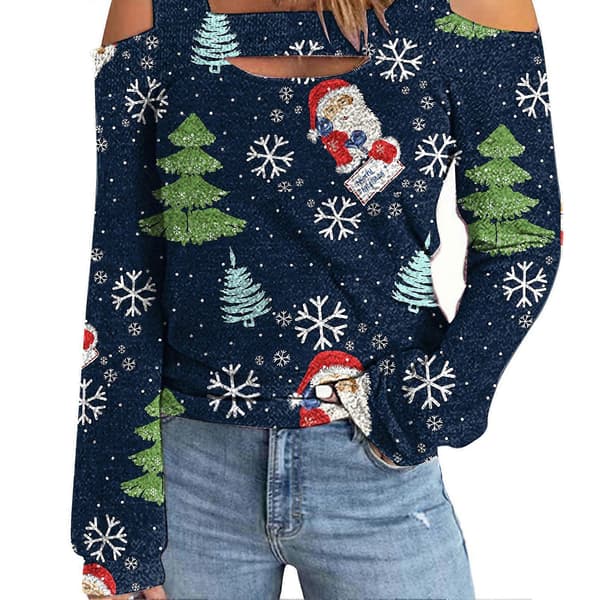 Dame Top Kold Skulder Juleprintet Hul Løs Langærmet Pullover til Dame-lingling}