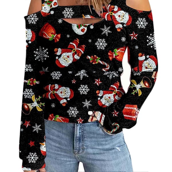 Dame Top Kold Skulder Juleprintet Hul Løs Langærmet Pullover til Dame-lingling}