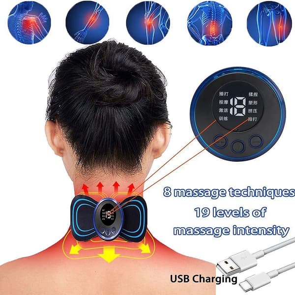 EMS nakkemassageapparat, genopladeligt, 8 tilstande, 19 gear, pulserende terapi, TENS muskelstimulator, smertelindring 1 Machine+2 Patch