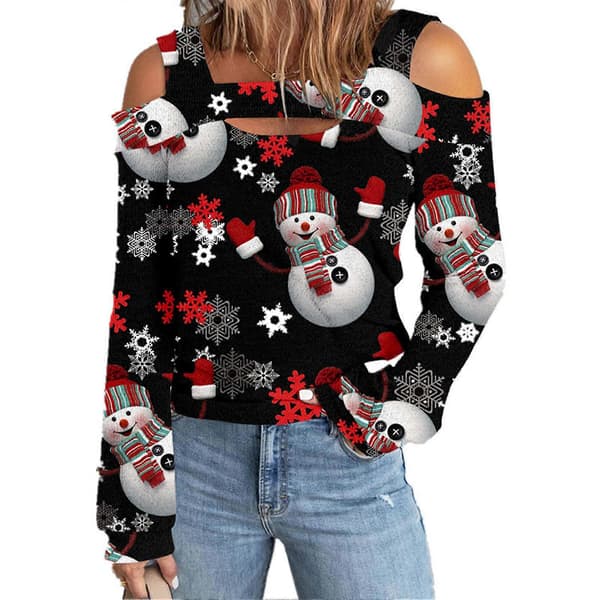 Dame Top Kold Skulder Juleprintet Hul Løs Langærmet Pullover til Dame-lingling}