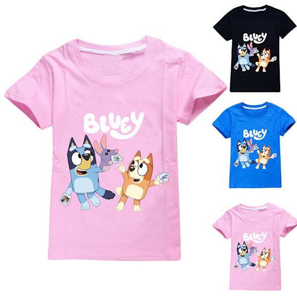 Säsongskampanj! Högkvalitativ Bluey T-shirt för barn, skollov, pojkar, flickor, sommar, strand, toppar, svart, svart Black 150 cm