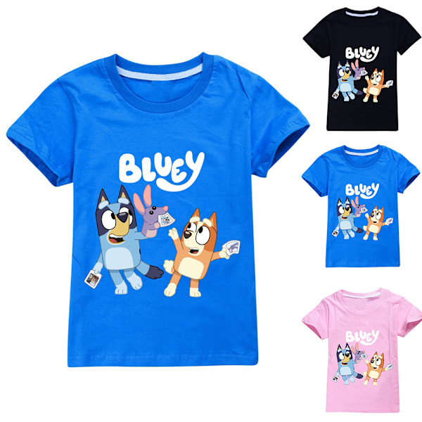 Säsongskampanj! Högkvalitativ Bluey T-shirt för barn, skollov, pojkar, flickor, sommar, strand, toppar, svart, svart Black 150 cm