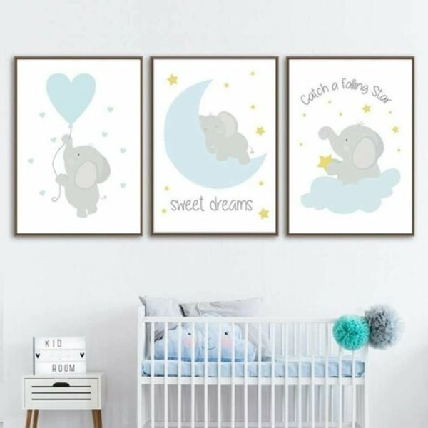 Dekorativa målningar för baby eller barnrum Elefantaffisch Ballong Måne Stjärnmoln Affisch Blå Grå Pojkar Presenter S (20x30cm) Set med 3 Himmelsblå