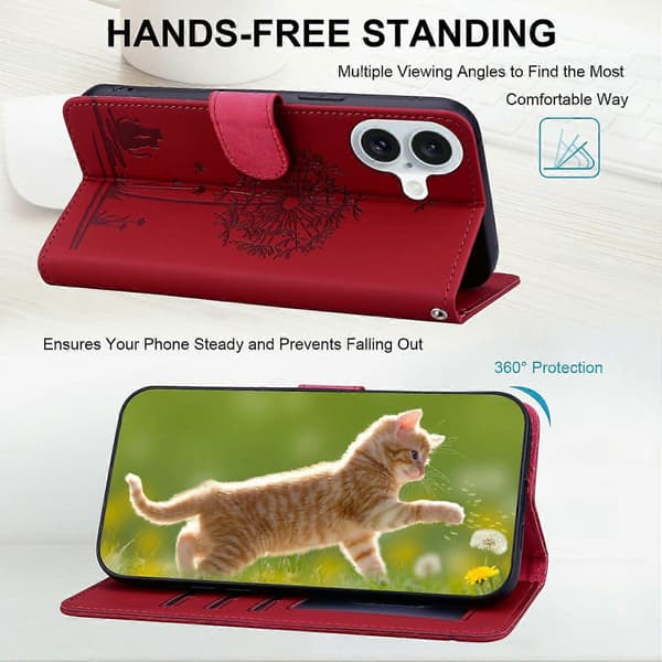 Compatible with iPhone 16 Case Cat Dandelion Print PU Leather Wallet Phone Case with Strap