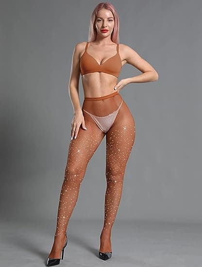 Damstrumpor med gnistrande strass Caramel