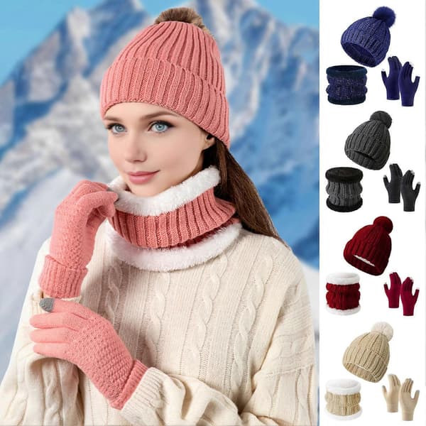 3 delar/set Vinterstickad halsdukshandskar Set Pom Pom Boll Fleecefoder Mössa utan brätte Pekskärmshandskar Grey A
