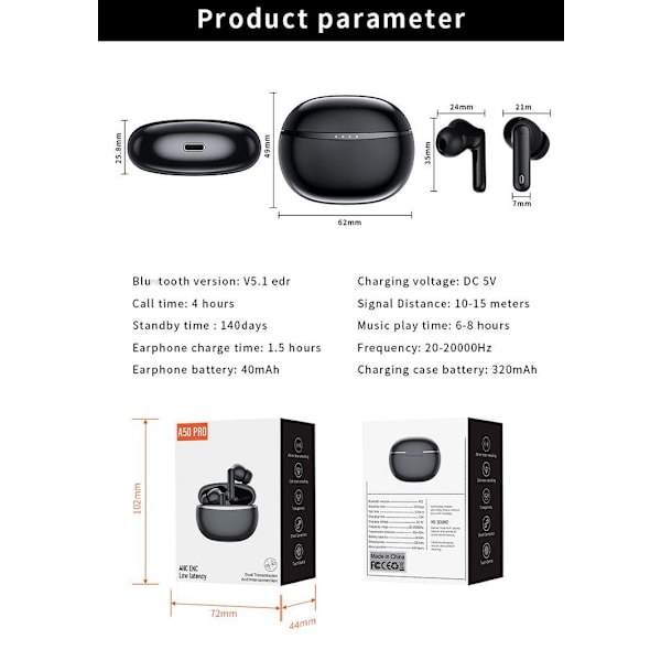 Påsketilbud! Trådløse Bluetooth-hodetelefoner A50 Pro ANC IPX7 5.1 av høy kvalitet