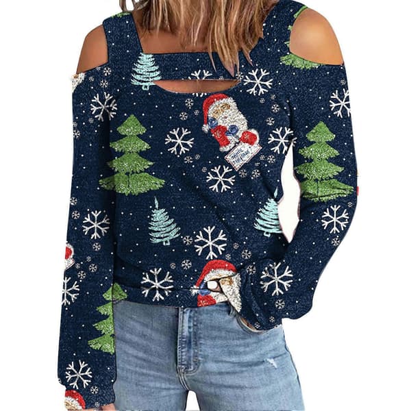 Dame Top Kold Skulder Juleprintet Hul Løs Langærmet Pullover til Dame-lingling}