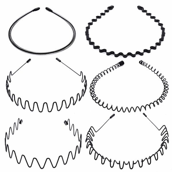 Högkvalitativa nya 6 st metallhårband svarta hårrosetter fjäder våg hårband multi-stil unisex flexibla hårband accessoarer för kvinnor män