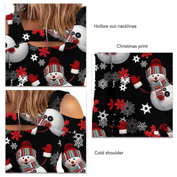 Dame Top Kold Skulder Juleprintet Hul Løs Langærmet Pullover til Dame-lingling}