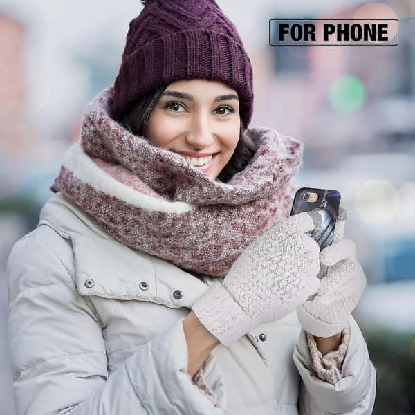 Dam Vinter Touchscreen Handskar Varm Fleecefodrade Stickade Handskar Elastisk Manschett Vinter Textningshandskar A yu-lingling} White